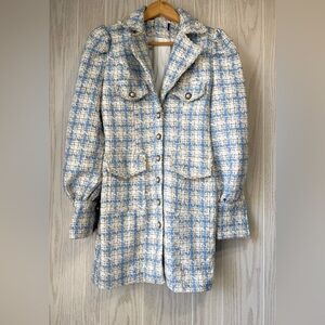 Zara Blue and Cream Tweed Long Blazer Dress